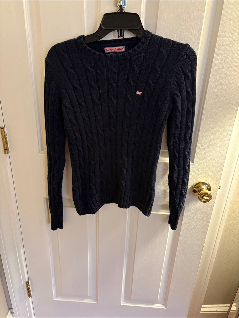 Vineyard Vines Navy Cable-Knit Crewneck Sweater with Pink Whale